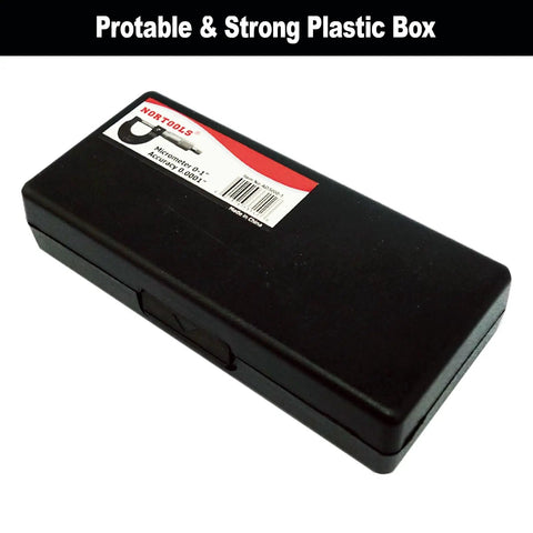 Black plastic case containing Outside Micrometer 0 To 1 Inch With Ratchet Stop And Lock Nut 0.0001 Inch Precision Machinist Tool