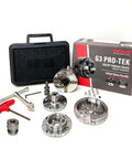 G3 Wood Lathe Chuck Kit With 3 Jaw Sets 2 Inch Standard 4 Inch Bowl Jaws And 1 Inch Pin Jaws Insert Version With ISNS 5 By 8 Plainbore Shopsmith Insert For Pro Level Turning And Green Wood Control, showing components and packaging.