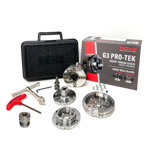G3 Wood Lathe Chuck Kit With 3 Jaw Sets 2 Inch Standard 4 Inch Bowl Jaws And 1 Inch Pin Jaws Insert Version With ISNS 5 By 8 Plainbore Shopsmith Insert For Pro Level Turning And Green Wood Control, showing components and packaging.