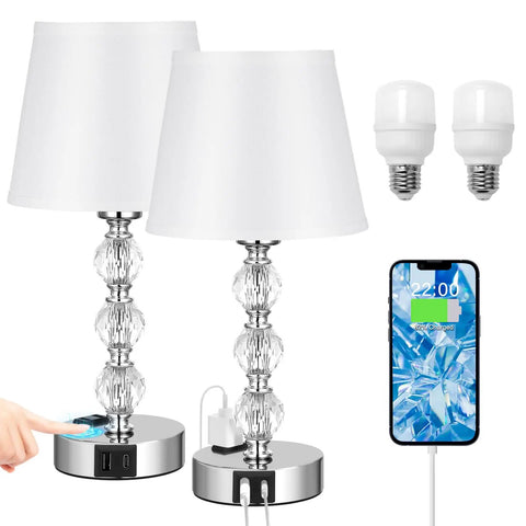 Crystal Table Lamp Set Of 2 With USB A And USB C Ports And 2 Pin Outlet Charge Up To Six Gadgets At Once Works On Or Off