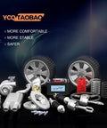Automotive parts kit including tires, battery, and suspension components displayed on a reflective surface.