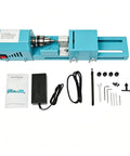 ZephPerton 96 Watt Mini Lathe Machine With Pure Copper Motor, 7 Speed Settings From 4000 To 9000 Rpm For Wood And Metal Working, Silent Flexible Shaft Tool Kit Perfect For DIY Grinding Polishing Projects components laid out including lathe, flex shaft, and tools.