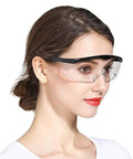 Person wearing Five Pack Adjustable Safety Glasses For Work And Home Wide Vision Lightweight Fog Proof Protective Goggles with clear lenses