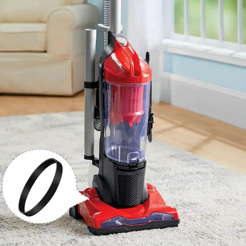 Heavy Duty Vacuum Belt Replacement Set 2 Pack For Dirt Devil Featherlite Swivel Glide Powerlite And Power Max Pet Uprights Plus Vision Uprights Replace 3720310001 shown beside a red vacuum cleaner on a carpeted floor in a living room with a couch in the background.