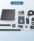 Package contents of Matte Black Rainfall Shower System With Tub Spout Wall Mount Faucet Set, including 12 inch head and sprayer components.