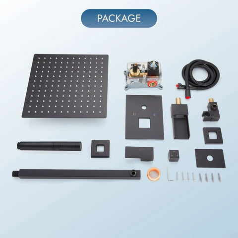 Package contents of Matte Black Rainfall Shower System With Tub Spout Wall Mount Faucet Set, including 12 inch head and sprayer components.