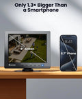 8-Inch Security Camera Monitor With HDMI VGA BNC AV USB Inputs, 1024x768 Mini LCD Display next to smartphone for size comparison.