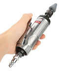 Top Shelf Air Die Grinder Kit in a hand, silver metal body, designed for hardware fixes and jewelry buffing.