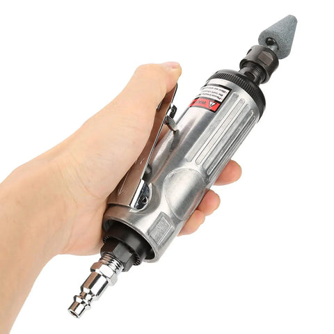 Top Shelf Air Die Grinder Kit in a hand, silver metal body, designed for hardware fixes and jewelry buffing.
