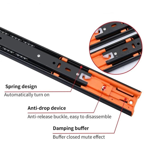 Full Extension Drawer Slides 45mm Soft Close Runners 3 Fold Side Mount with spring design and anti-drop device details