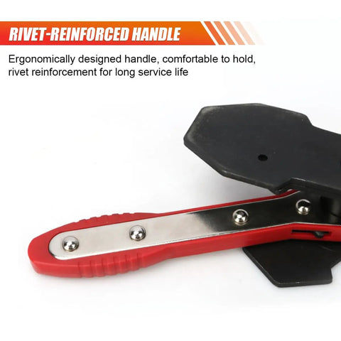 Close-up of brake caliper press tool handle with rivet-reinforced red grip, part of Brake Caliper Press Tool With Extra 2 Steel Plates.