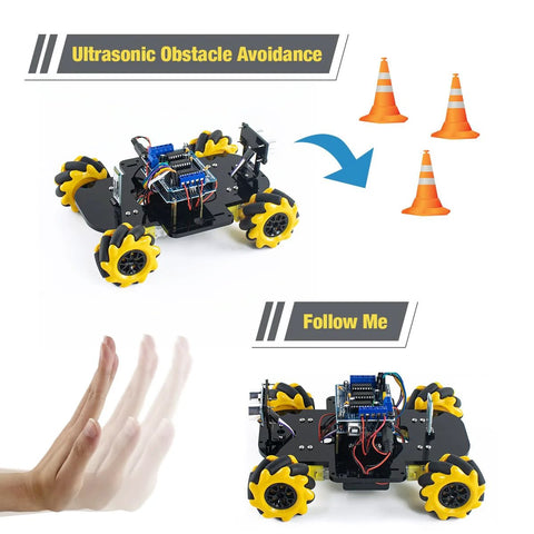 Front view of LAFVIN 4WD Mecanum robot car kit with yellow wheels and blue circuitry, Arduino IDE compatible.