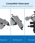 Universal Phone Adapter for Telescope and Spotting Scope With 3 Axis Adjustable Holder and Remote shown with telescopes, spotting scopes, and binoculars