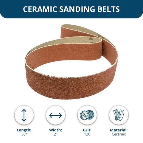 Heavy Duty 2 By 36 Ceramic Sanding Belts For Grinding Deburring And Metal Finishing With 120 Grit Cloth Backing viewed in a looped position.