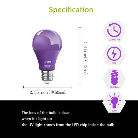Four Pack Led Black Light Bulbs A19 9W Ultraviolet 385 To 400 Nanometers E26 Dimmable For Neon Glow Parties Halloween Decor