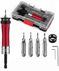 Heavy Duty Eight Piece Countersink Drill Bit Set Featuring Adjustable Depth Stops And No Sweat Quick Swap Hex Shank For Wood Metal Plywood Mdf Plastic Comes With Tough Carry Case, including hex shank and bits.