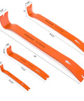 Four Piece Flat Pry Bar Set With 5.5 Inch 7.5 Inch 9.5 Inch And 15 Inch Nail Puller Claw Bars heavy duty utility pry bars for home improvement and woodworking high carbon steel construction for tough jobs, displayed on white background showing measurements and design details.