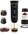 On The Go Portable Espresso Maker With Self Heating Battery Power, 3-In-1 Coffee Cup in black with coffee and capsules