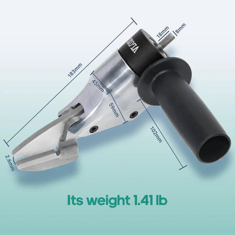 All Purpose Metal Shear Drill Attachment That Slays Sheet Metal Cutting Tasks Upgrades Your Cordless Drill Into A Badass Industrial Grade Tool For Slicing Iron Aluminum And Stainless Steel Panels Fast, featuring dimensions and weight of 1.41 lb.