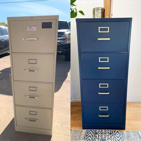 Before and after of filing cabinets painted using Paint Transformer Chalk Mineral For Latex And Acrylic Paint, gallon size
