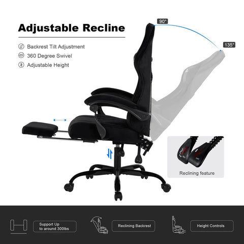 Side view of Gaming Chair With Pocket Spring Cushion Extendable Footrest Swivel Recliner And Headrest, with adjustable recline feature.
