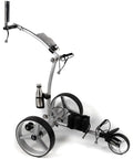 Super Slick Foldable Electric Golf Trolley With Nine Smooth Speed Settings And Quiet Hill Climbing Engine For A Chill Walk On The Fairway Every Single Time, featuring a silver frame, large wheels, and a drink holder.