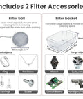 Heavy Duty 4.5L Ultrasonic Cleaner With 180W Cleaning Power And 150W Heating showing filter accessories for small and large objects
