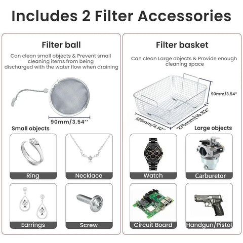 Heavy Duty 4.5L Ultrasonic Cleaner With 180W Cleaning Power And 150W Heating showing filter accessories for small and large objects