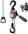 Front view of chrome mini lever hoist with chain and hooks, 1/2 ton (1100 lb) capacity, 1.5 m chain.
