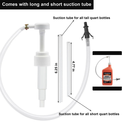 Fluid Pump For Standard Quart Bottles With Third Hand Adapter For Gear Oil showing pump, long and short suction tubes.