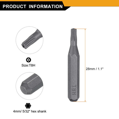 10 Piece Torx Bit Set T8H Magnetic 6 Point Star Heads With Five Thirty Two Inch Hex Shank 28mm Length S2 Steel For Electric And Manual Screwdrivers Pro Grade Precision Repair showing T8H size and hex shank details