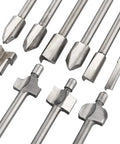 Top Tier 10 Piece Carbide Router Bit Set With One Eighth Inch Shank For Rotary Tools showing various sharp metal bits for woodworking.