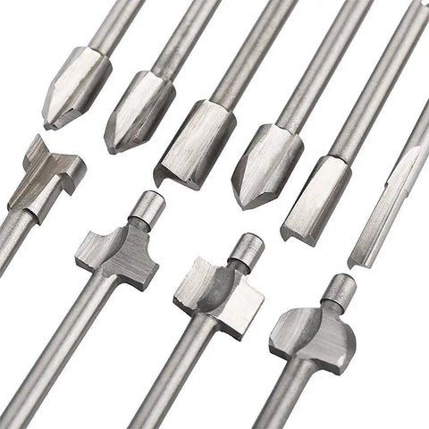 Top Tier 10 Piece Carbide Router Bit Set With One Eighth Inch Shank For Rotary Tools showing various sharp metal bits for woodworking.