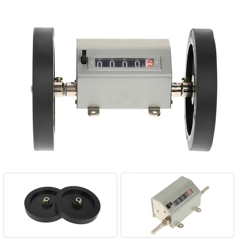 5 Digit Rolling Wheel Counter for Measuring Length with Easy Operability, gray measuring device with black wheels and digit display.
