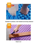 Two hands pressing blue egg crate acoustic foam while cutting it with a tool. Real Deal Self Adhesive Soundproofing Foam Panels Silence Background Noise On Walls And Cars Straight Up Heavy Duty Egg Crate Acoustic Insulation Flame Resistant Yellow.