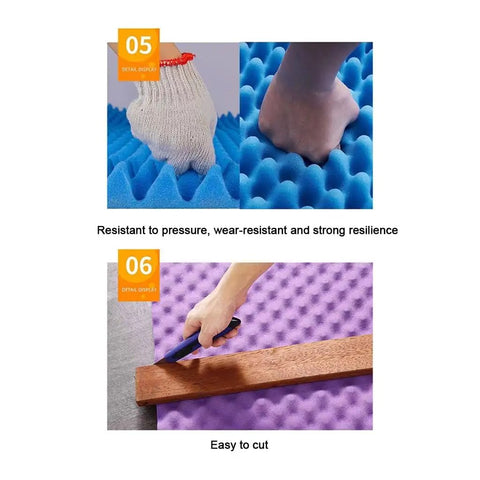 Two hands pressing blue egg crate acoustic foam while cutting it with a tool. Real Deal Self Adhesive Soundproofing Foam Panels Silence Background Noise On Walls And Cars Straight Up Heavy Duty Egg Crate Acoustic Insulation Flame Resistant Yellow.