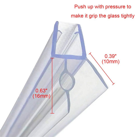 Cross-section view of Frameless Shower Door Bottom Seal With Drip Rail For Three Eighths Inch Glass, 27.5 Inch Length, Clear.