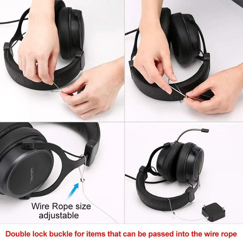 Hands adjusting wire rope on black headphones attached to retractable display security cable lock.