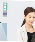 Hella Easy Wall Mounted Material Card Rack For Warehouse Inventory Display And Employee Attendance Tracking With Super Dope Multi Grid Card Slot Shelf For Slick Storage Setup mounted beside a woman using a tablet.