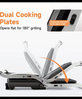 Heavy Duty 1000W Electric Panini Press Grill With Non Stick Plates Opens 180 Degrees For Any Size Food showing dual cooking plates.