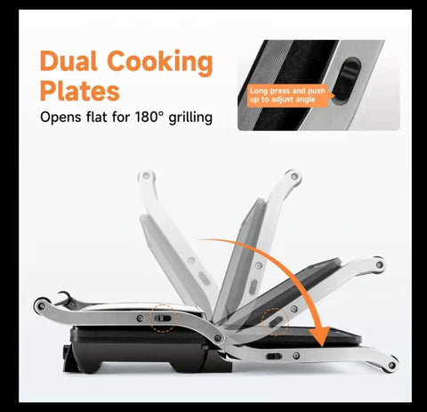 Heavy Duty 1000W Electric Panini Press Grill With Non Stick Plates Opens 180 Degrees For Any Size Food showing dual cooking plates.