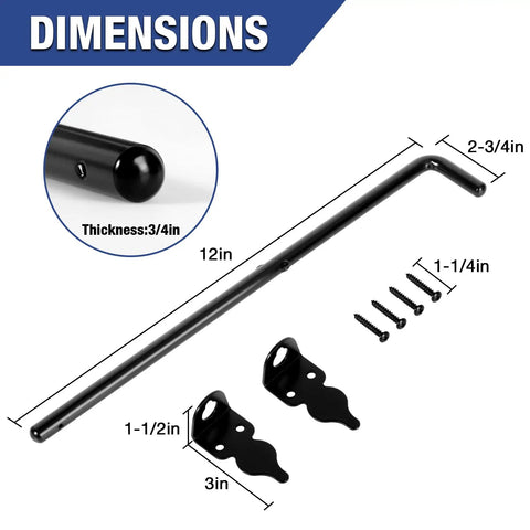 12 Inch Cane Bolt Drop Rod Gate Stopper For Wood Fences And Gates, Heavy Duty Black Steel Exterior And Interior Hardware, Outdoor Indoor Security Latch Anchor, Barn Door Accessory