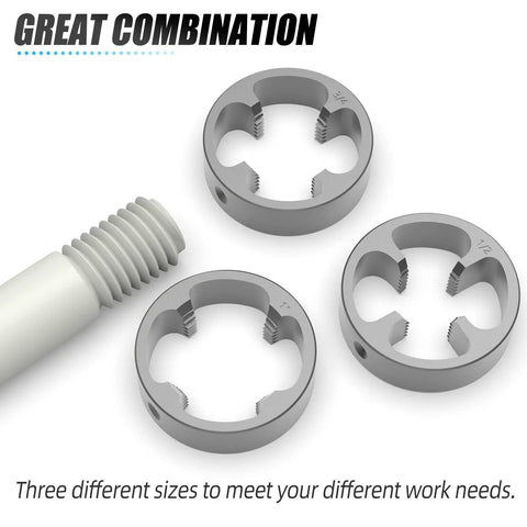 PVC Pipe Threader Kit With NPT Die Set Includes One Half Inch, Three Quarter Inch, And One Inch Dies For Plumbing, close-up view