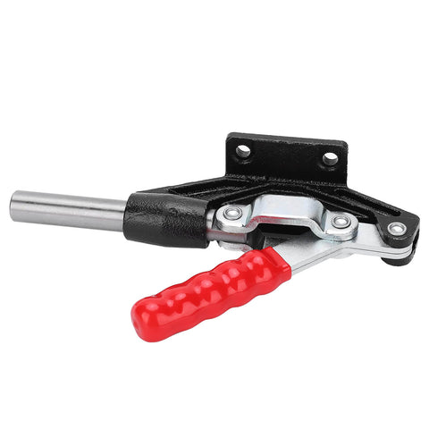 Beast Mode Toggle Clamp For Woodworking Jigs And Fixtures Quick Release Hand Tool shown in side view with red handle.