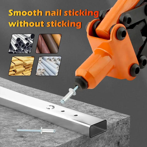 Heavy Duty One Hand Rivet Gun Kit With Fifty Rivets For Slick Auto Repairs And Furniture Builds Easy Grip Alloy Manual Riveter in use assembling materials.