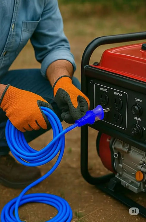 Person connecting a Badass 100 Foot Extension Cord With Glowing Lighted Ends to a generator outdoors.