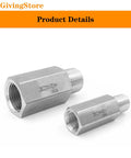 Side view of two 1/4 in NPT female-to-male stainless steel check valves (304), one-way.