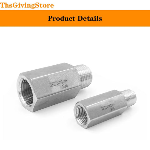 Side view of two 1/4 in NPT female-to-male stainless steel check valves (304), one-way.