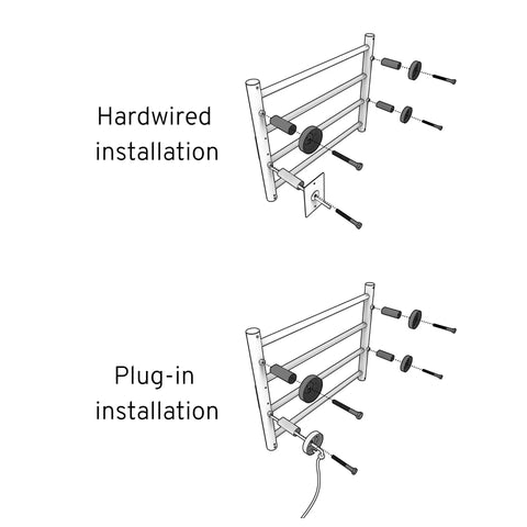 Diagram showing hardwired and plug-in installation for Heavy Duty Wall Mounted Towel Warmer With Built In Timer And LED Indicators.
