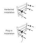 Illustration of Towel Warmer With Built In Timer And LED Indicators, wall-mounted, showing hardwired and plug-in installation options.